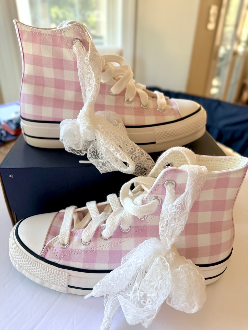 Converse Pink Gingham Platform Chuck Taylor Sneakers with Mint Sole - Picture 12 of 14